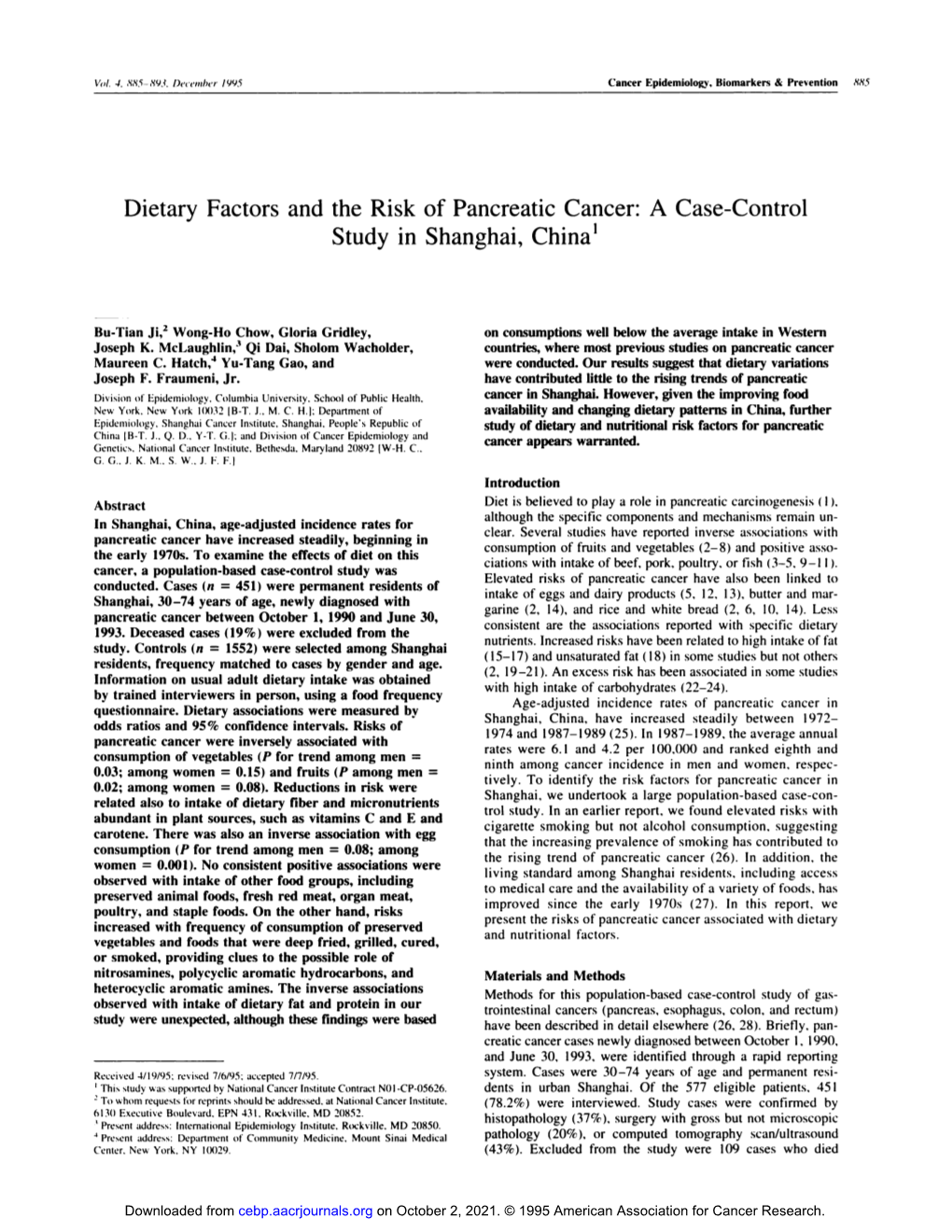 Dietary Factors and the Risk of Pancreatic Cancer: a Case-Control Study in Shanghai, China1