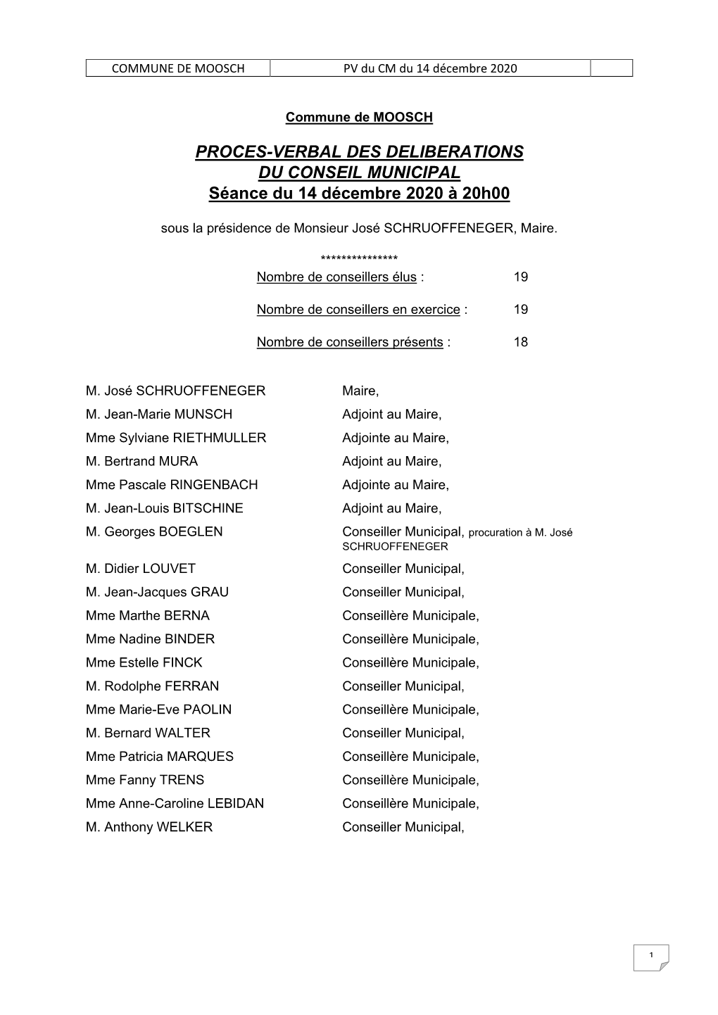 PROCES-VERBAL DES DELIBERATIONS DU CONSEIL MUNICIPAL Séance Du 14 Décembre 2020 À 20H00