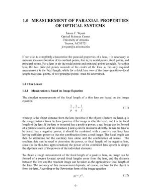 1.0 Measurement of Paraxial Properties of Optical Systems