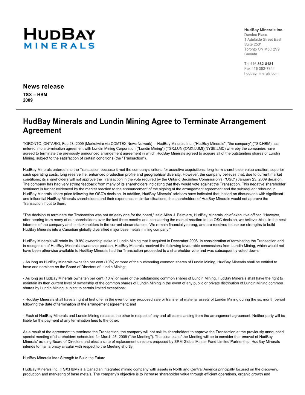 Hudbay Minerals and Lundin Mining Agree to Terminate Arrangement Agreement