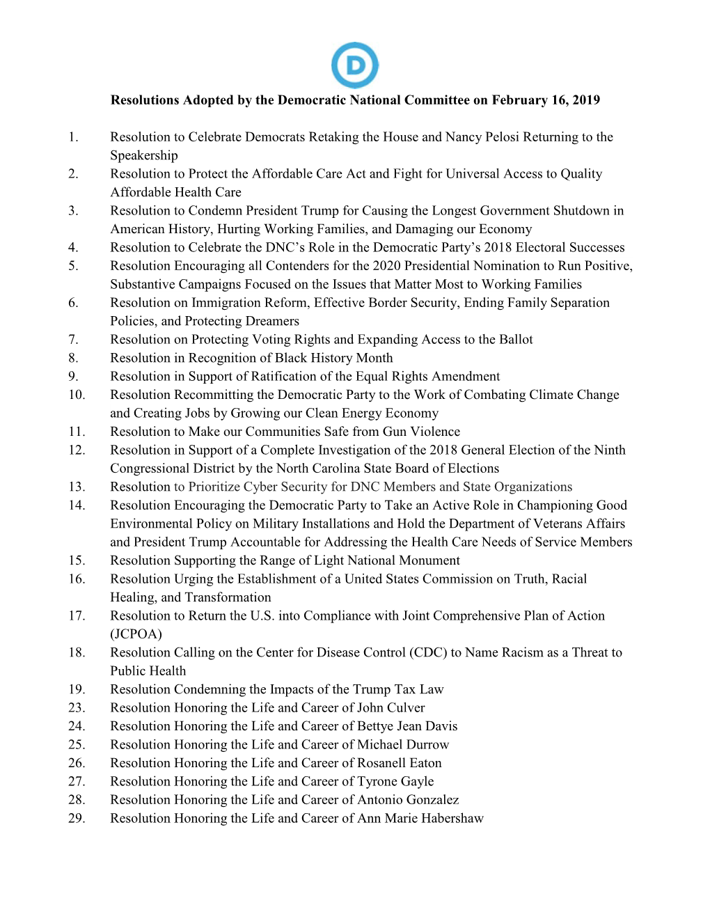 Resolutions Adopted by the Democratic National Committee on February 16, 2019