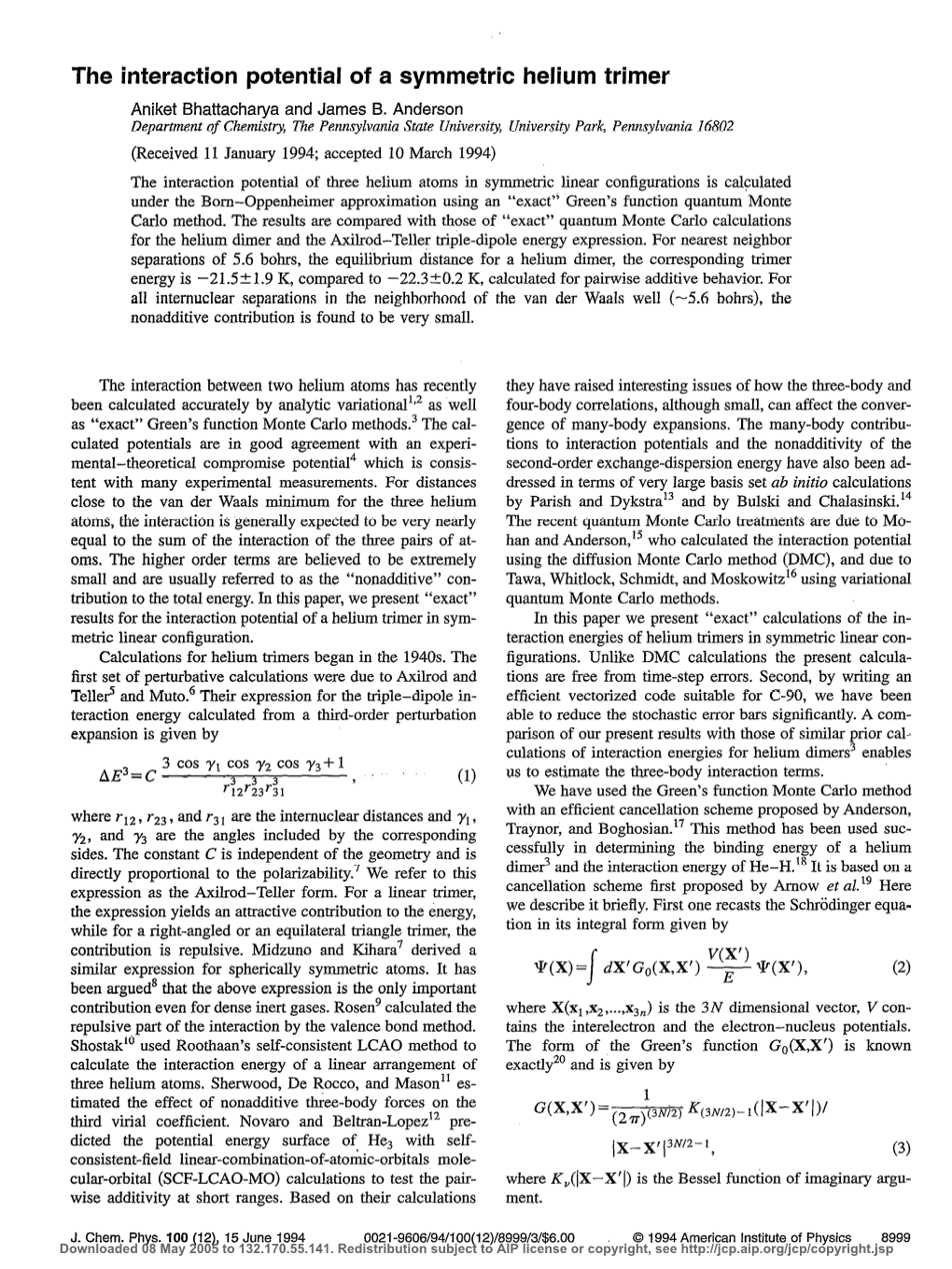 The Interaction Potential of a Symmetric Helium Trimer Aniket Bhattachatya and James B