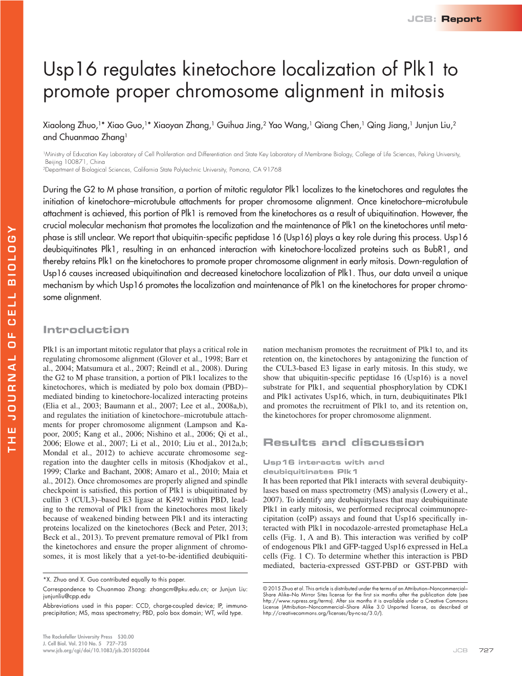 Usp16 Regulates Kinetochore Localization of Plk1 to Promote Proper Chromosome Alignment in Mitosis