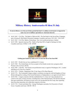 Military History Anniversaries 0701 Thru 0731