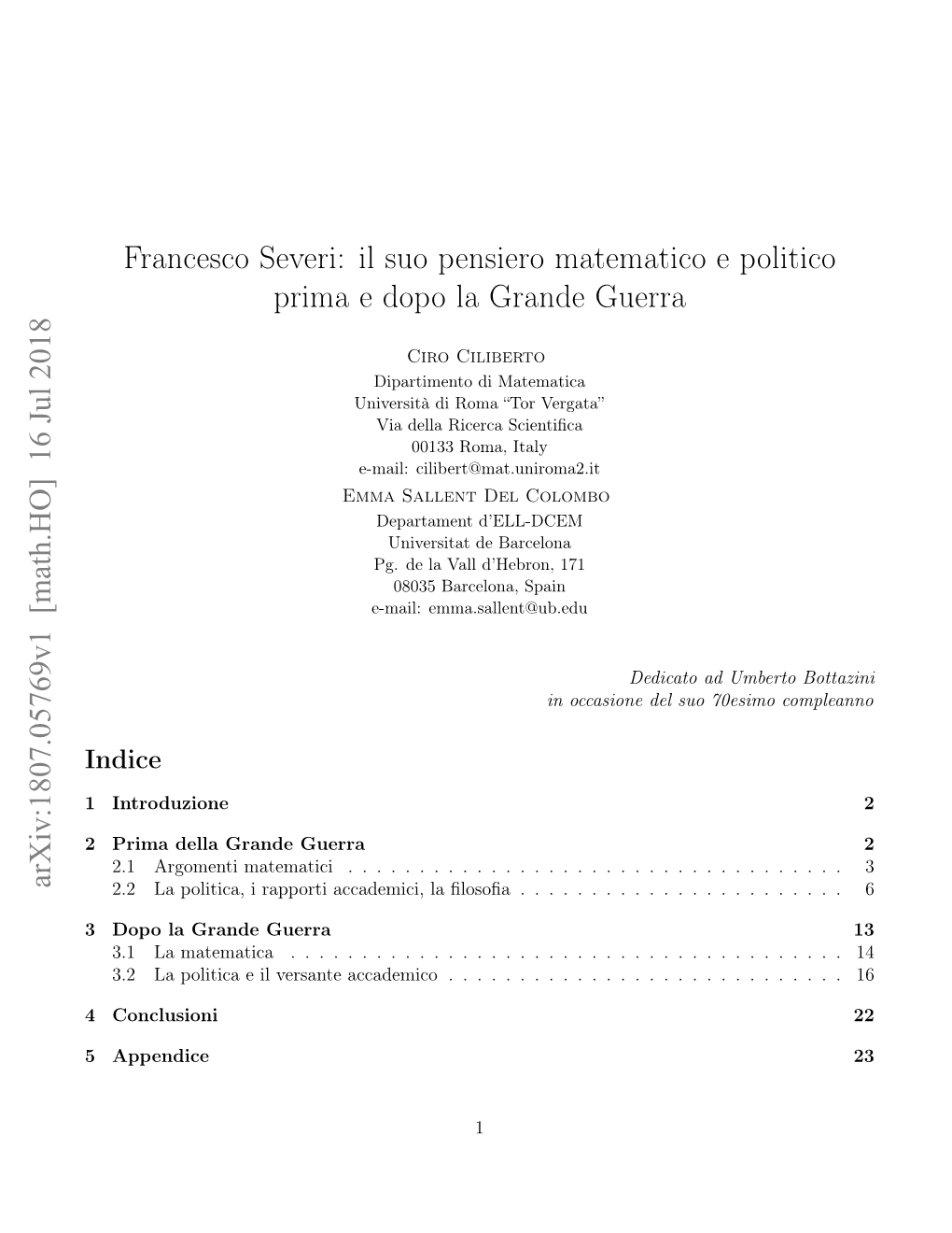 Francesco Severi: Il Suo Pensiero Matematico E Politico Prima E Dopo La Grande Guerra