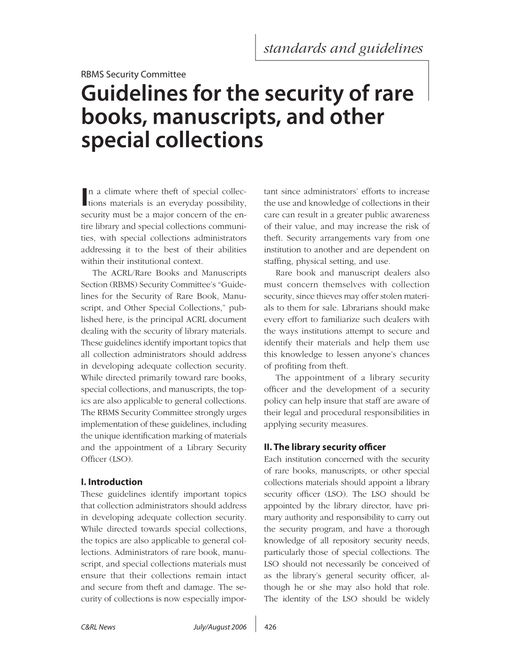 Guidelines for the Security of Rare Books, Manuscripts, and Other Special Collections