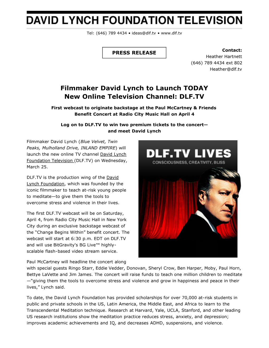Filmmaker David Lynch to Launch TODAY New Online Television Channel: DLF.TV