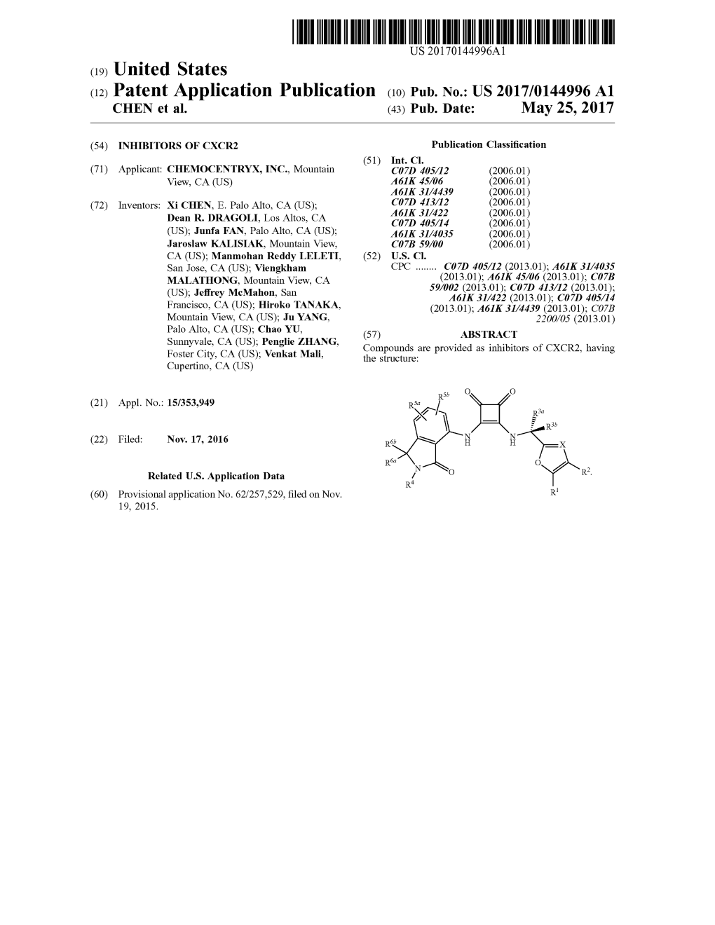 (12) Patent Application Publication (10) Pub. No.: US 2017/0144996 A1 CHEN Et Al