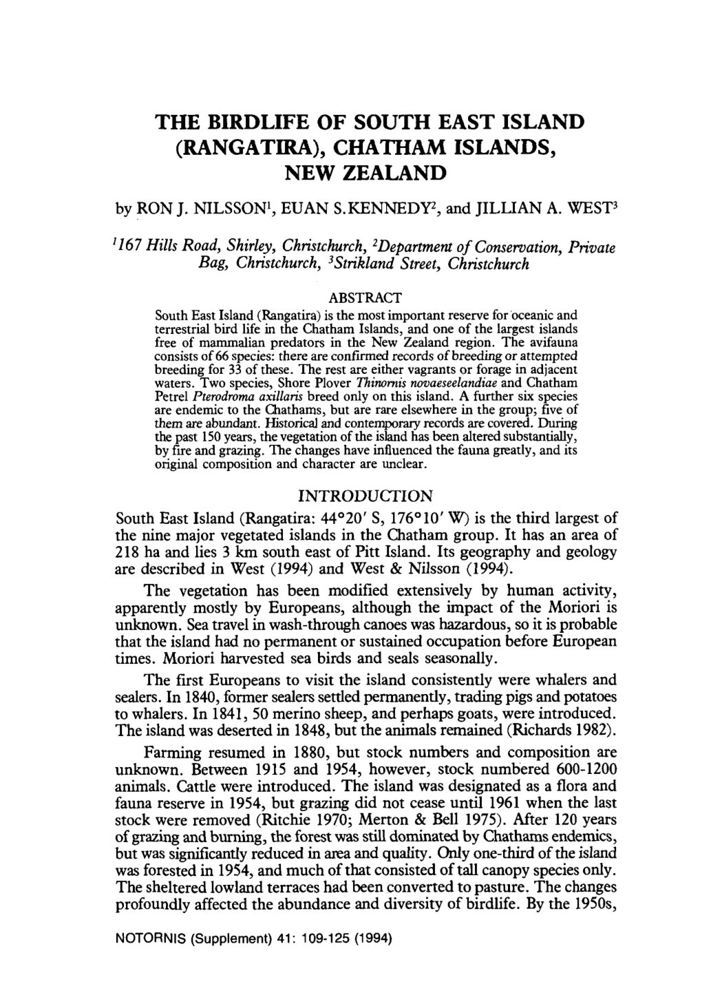 THE BIRDLIFE of SOUTH EAST ISLAND (RANGATIRA), CHATHAM ISLANDS, NEW ZEALAND by RON J