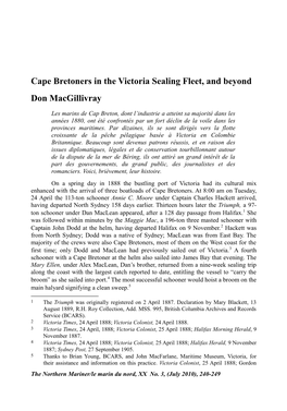 Cape Bretoners in the Victoria Sealing Fleet, and Beyond Don Macgillivray