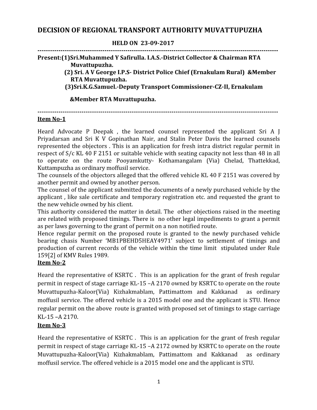 Decision of Regional Transport Authority Muvattupuzha