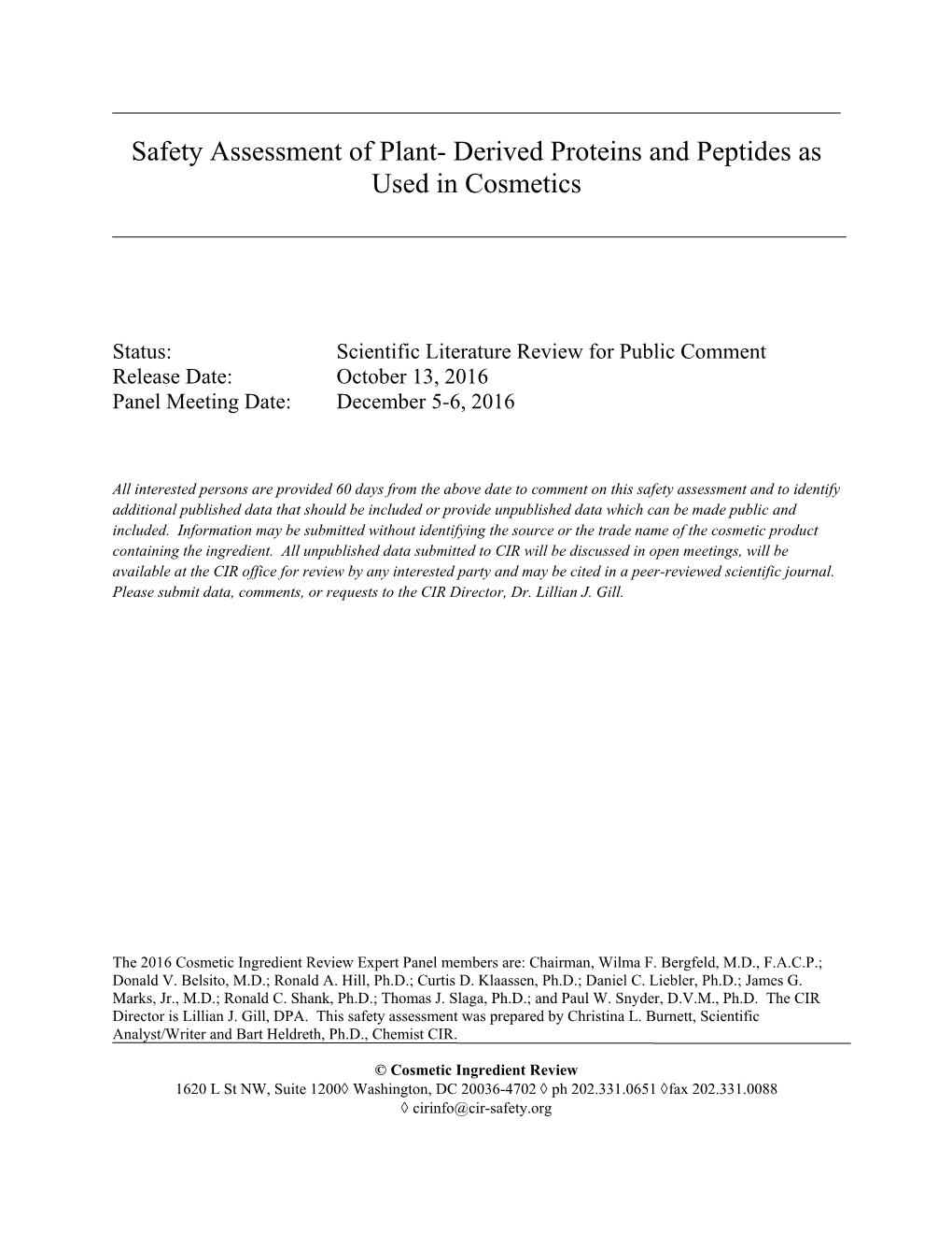 Safety Assessment of Plant- Derived Proteins and Peptides As Used in Cosmetics