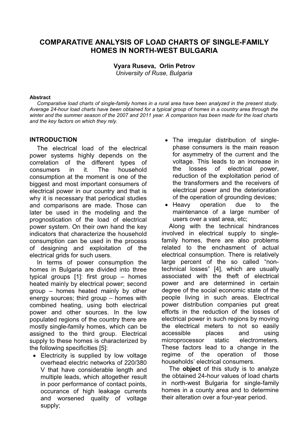 Comparative Analysis of Load Charts of Single-Family Homes in North-West Bulgaria