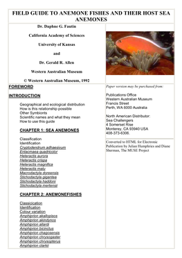 FIELD GUIDE to ANEMONE FISHES and THEIR HOST SEA ANEMONES Dr