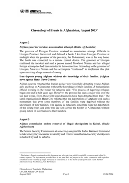 Chronology of Events in Afghanistan, August 2003*