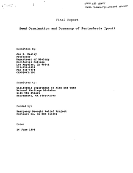 Final Report Seed Germination and Doxmancy of Pentachaeta Lyonii