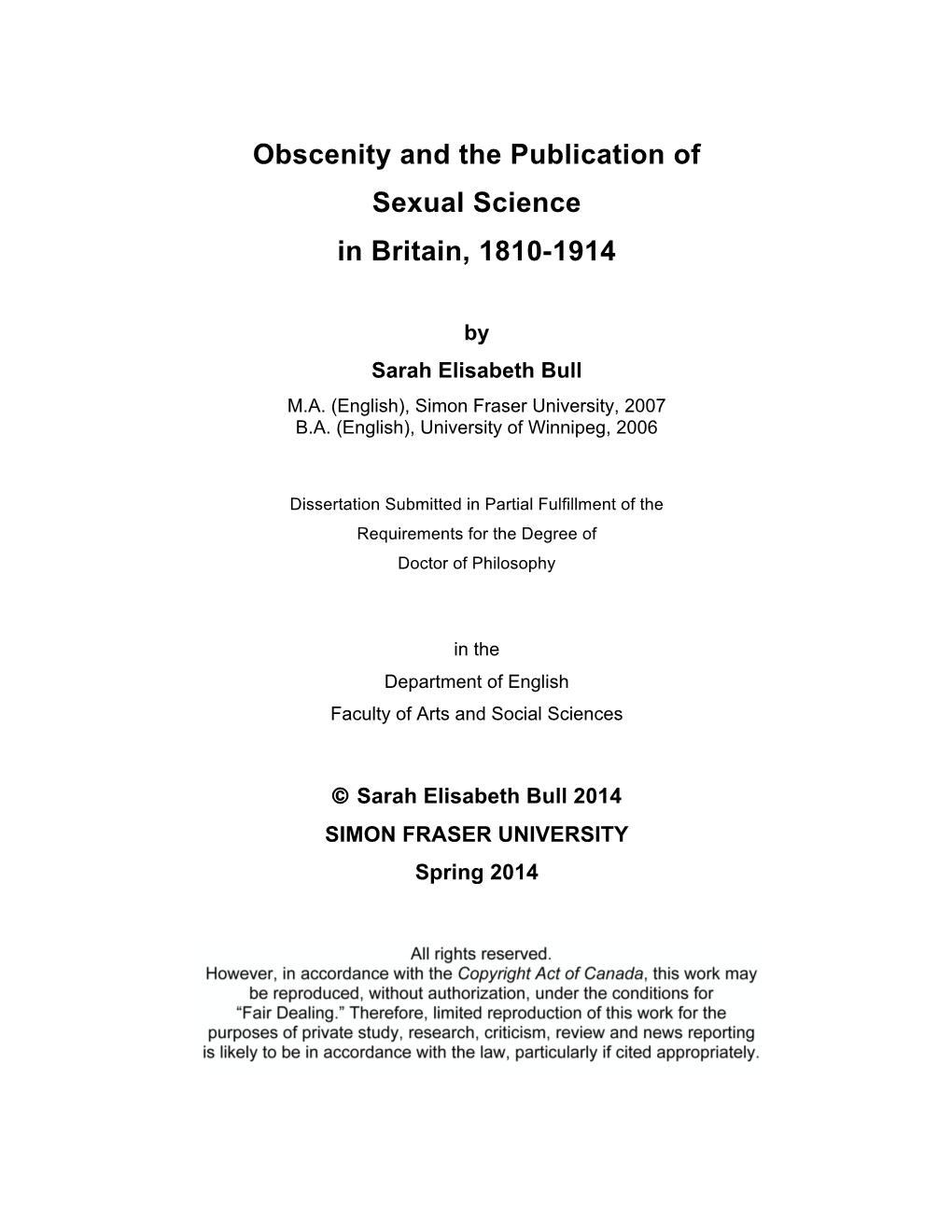Obscenity and the Publication of Sexual Science in Britain, 1810-1914