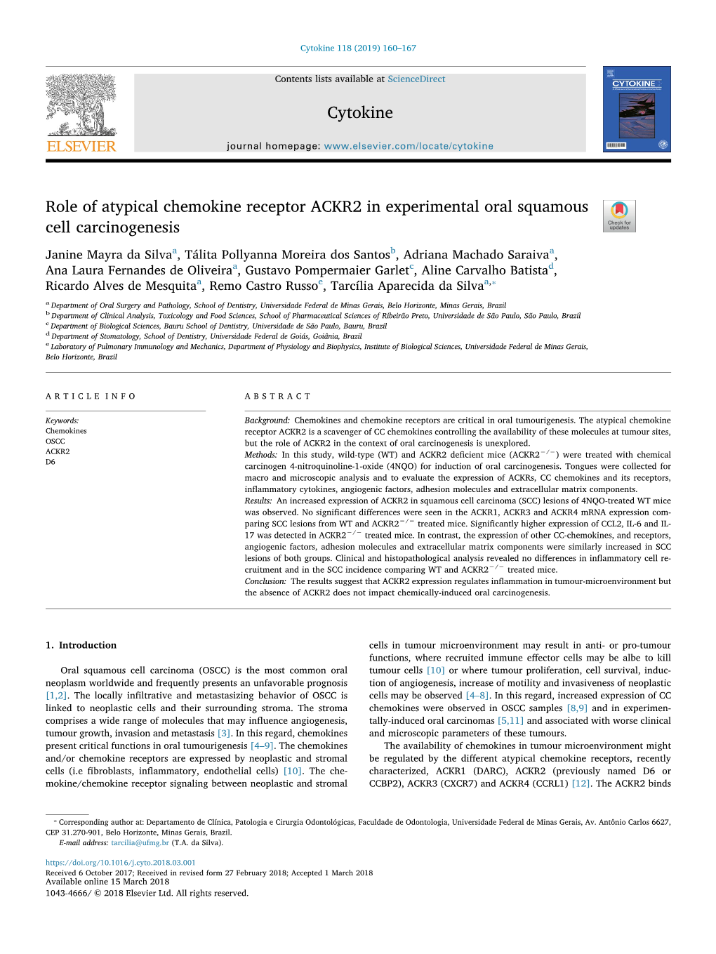 Role of Atypical Chemokine Receptor ACKR2 in Experimental Oral Squamous Cell Carcinogenesis T