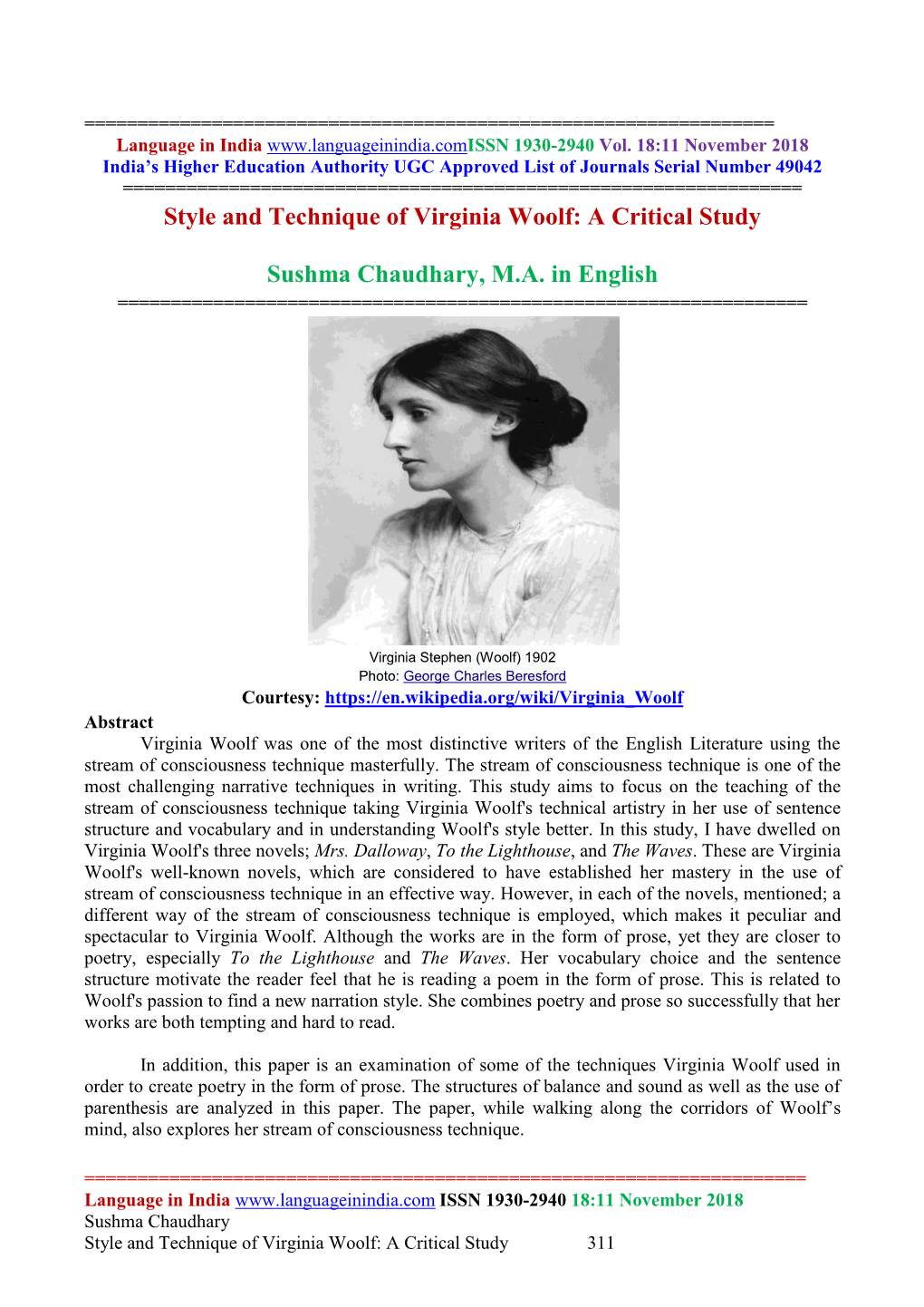 Style and Technique of Virginia Woolf: a Critical Study Sushma