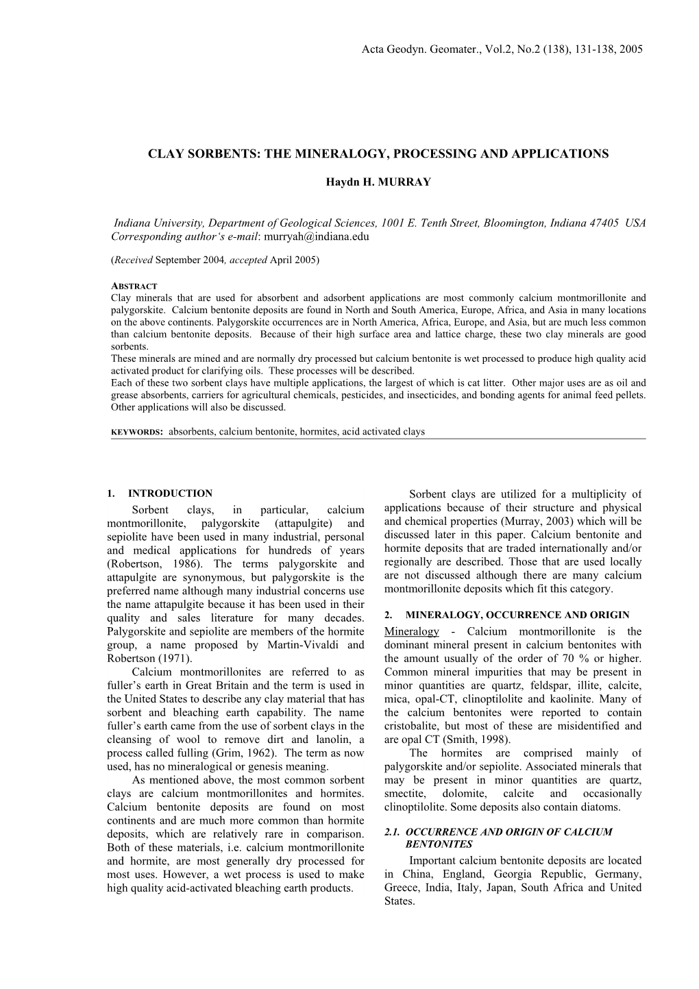 Clay Sorbents: the Mineralogy, Processing and Applications