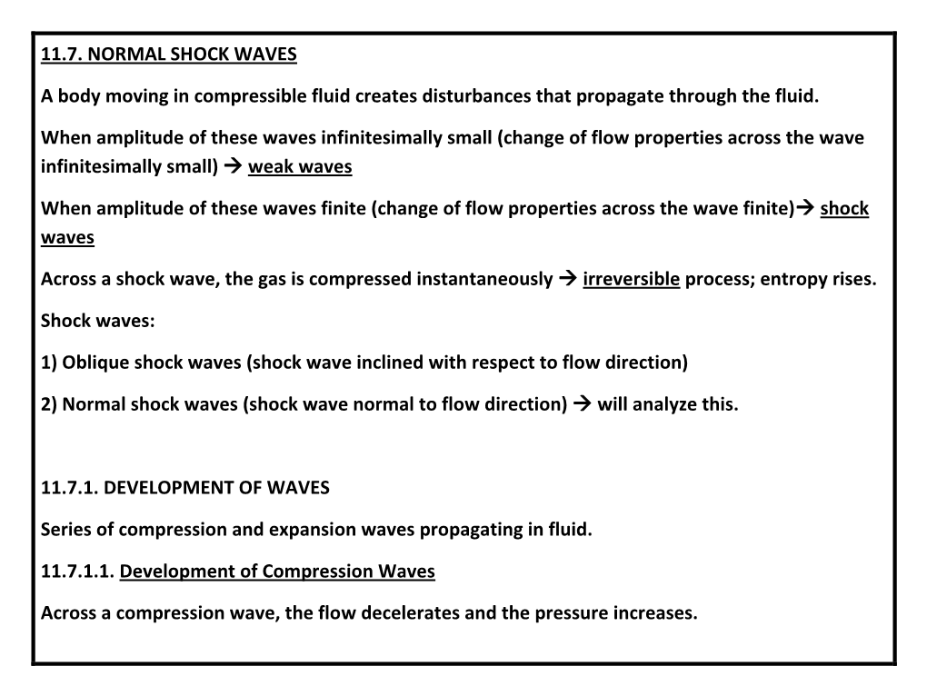 11.7. NORMAL SHOCK WAVES a Body Moving in Compressible Fluid