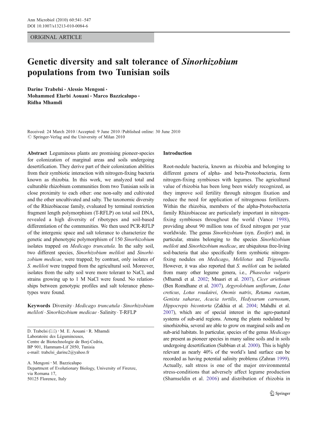 Genetic Diversity and Salt Tolerance of Sinorhizobium Populations from Two Tunisian Soils