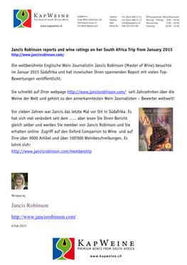 Jancis Robinson Reports and W Ine Ratings on Her South Africa Trip from January 2015 W W .Jancisrobinson.Com