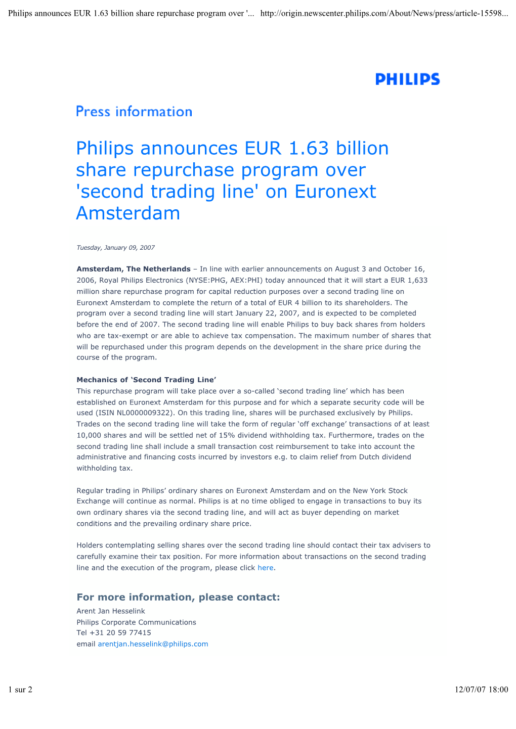 Philips Announces EUR 1.63 Billion Share Repurchase Program Over '