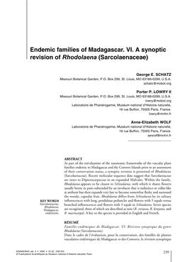 Endemic Families of Madagascar. VI. a Synoptic Revision of Rhodolaena (Sarcolaenaceae)