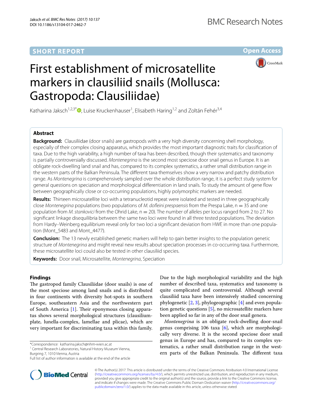 First Establishment of Microsatellite Markers in Clausiliid Snails