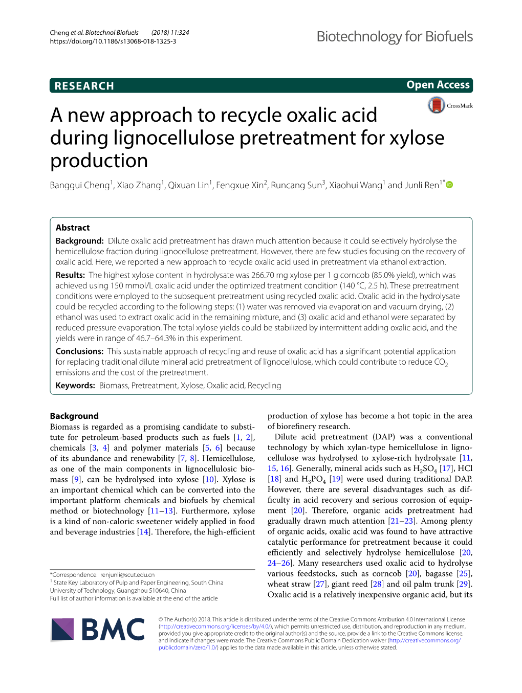 A New Approach to Recycle Oxalic Acid During Lignocellulose Pretreatment for Xylose Production