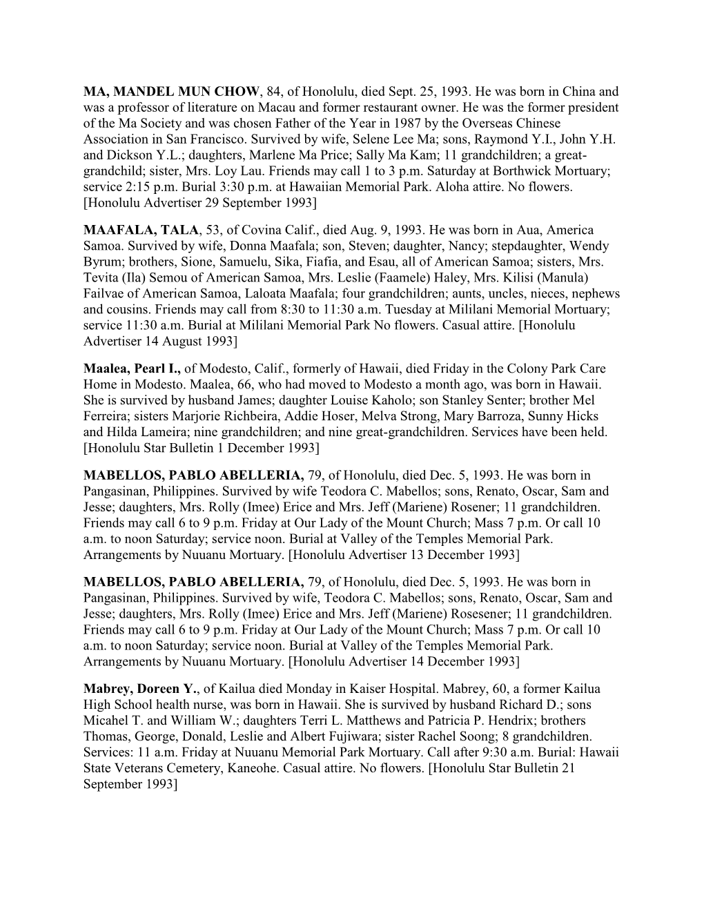 MA, MANDEL MUN CHOW, 84, of Honolulu, Died Sept. 25, 1993. He Was Born in China and Was a Professor of Literature on Macau and Former Restaurant Owner