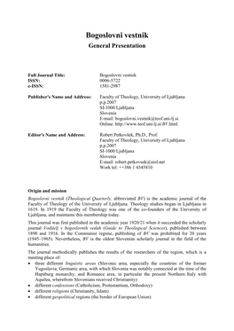 Faculty of Theology, University of Ljubljana P.P.2007 SI-1000 Ljubljana Slovenia E-Mail: Bogoslovni.Vestnik@Teof.Uni-Lj.Si