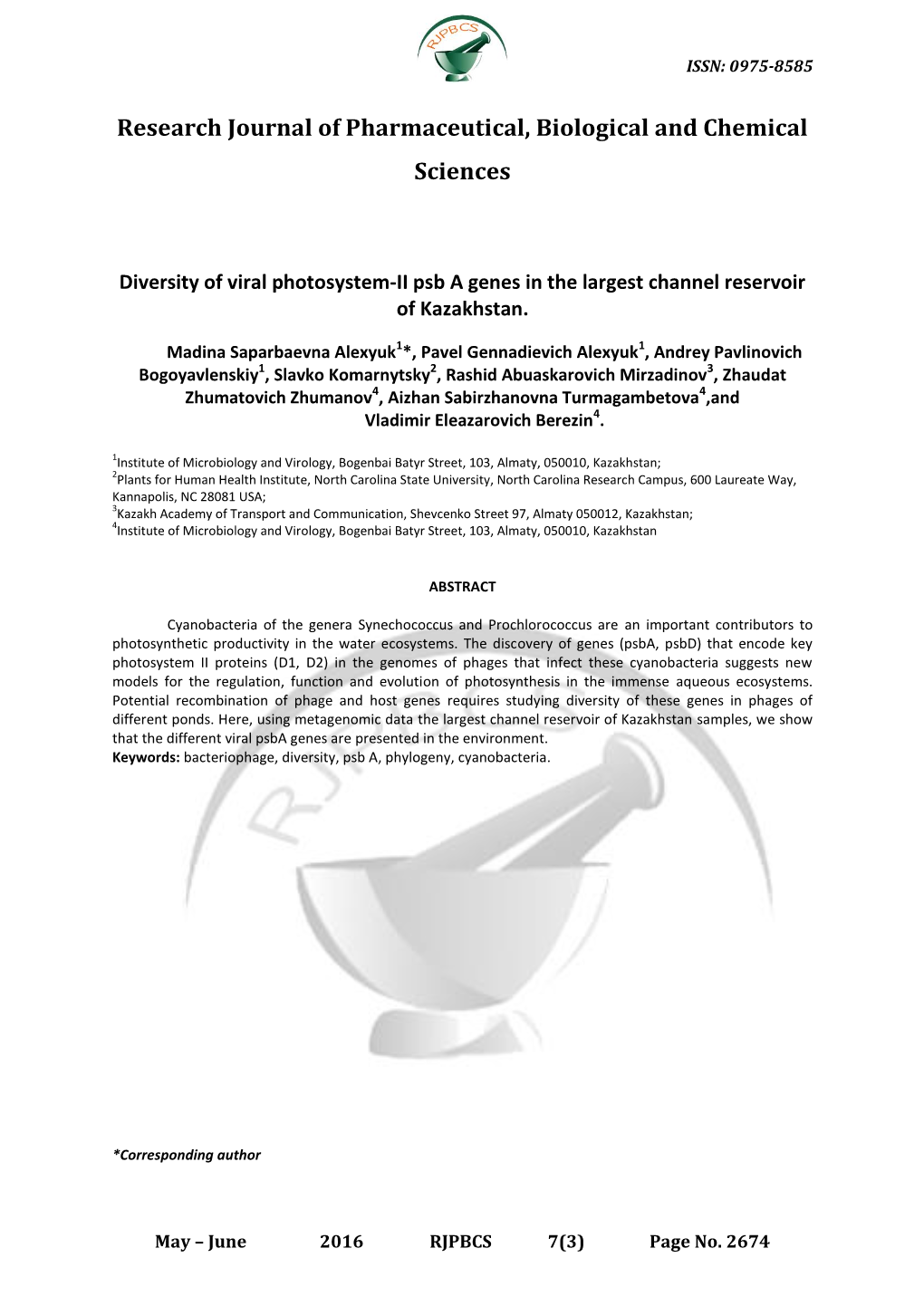 Research Journal of Pharmaceutical, Biological and Chemical Sciences