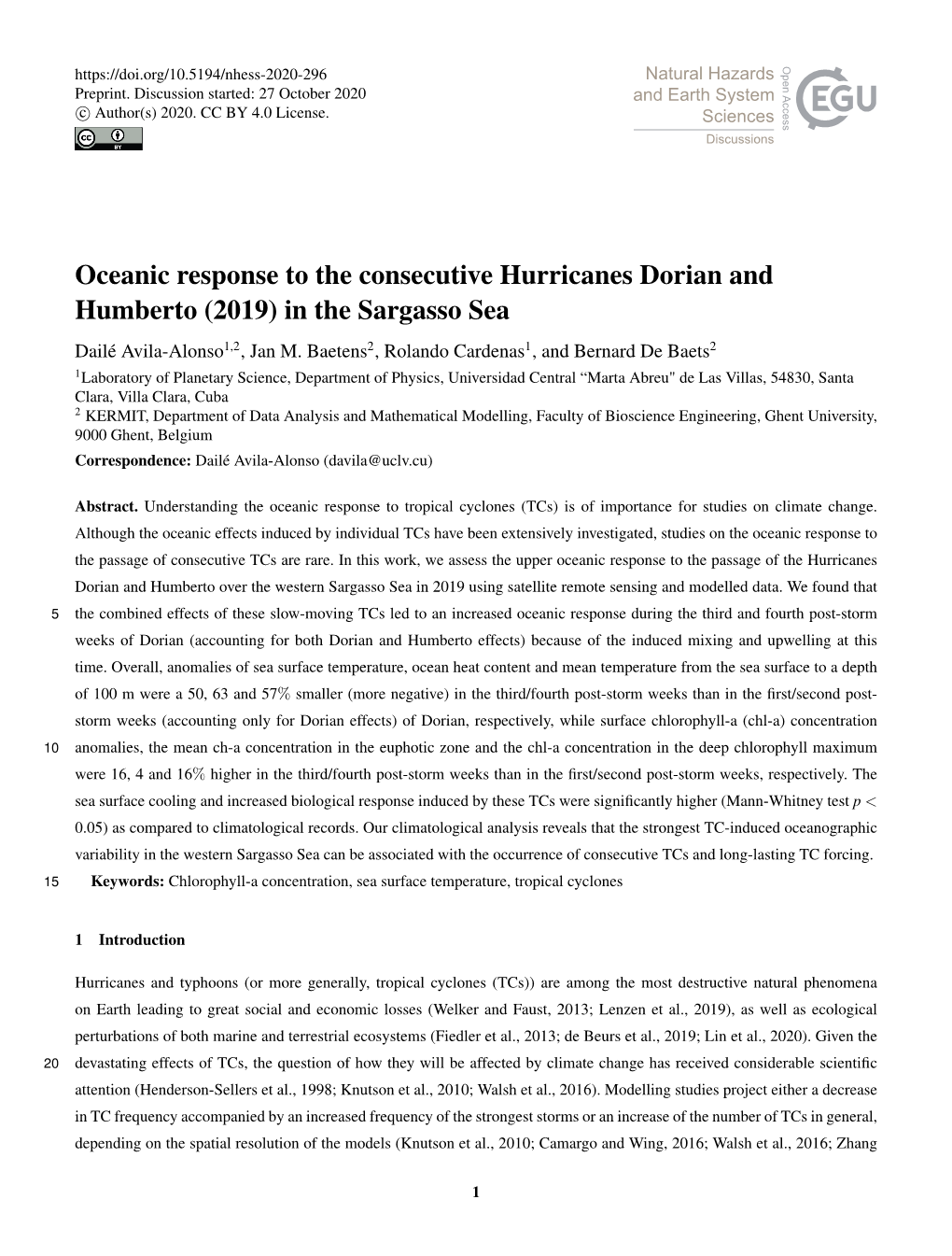 Oceanic Response to the Consecutive Hurricanes Dorian and Humberto (2019) in the Sargasso Sea Dailé Avila-Alonso1,2, Jan M