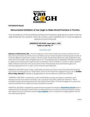 Monumental Exhibition of Van Gogh to Make World Premiere in Toronto