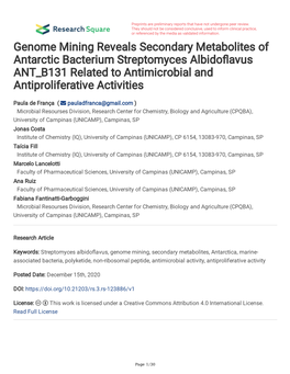 Genome Mining Reveals Secondary Metabolites of Antarctic Bacterium Streptomyces Albidofavus ANT B131 Related to Antimicrobial and Antiproliferative Activities