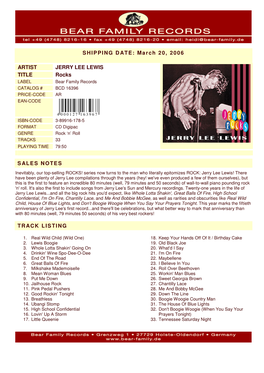 March 20, 2006 ARTIST JERRY LEE LEWIS TITLE Rocks SALES NOTES