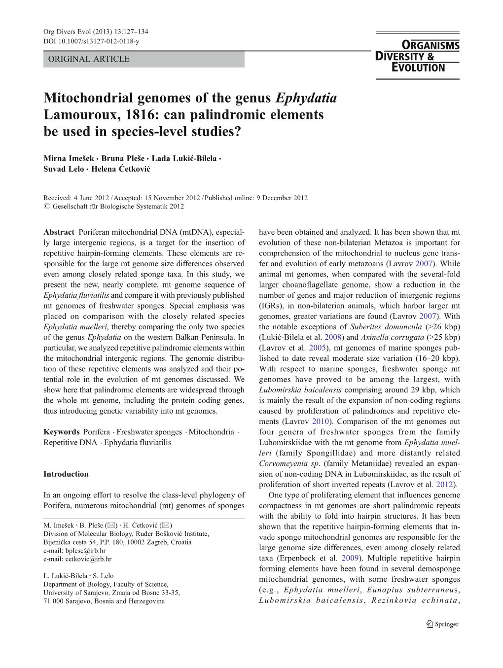 Mitochondrial Genomes of the Genus Ephydatia Lamouroux, 1816: Can Palindromic Elements Be Used in Species-Level Studies?