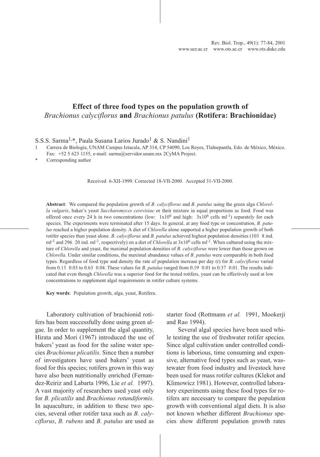 Effect of Three Food Types on the Population Growth of Brachionus Calyciflorus and Brachionus Patulus (Rotifera: Brachionidae)