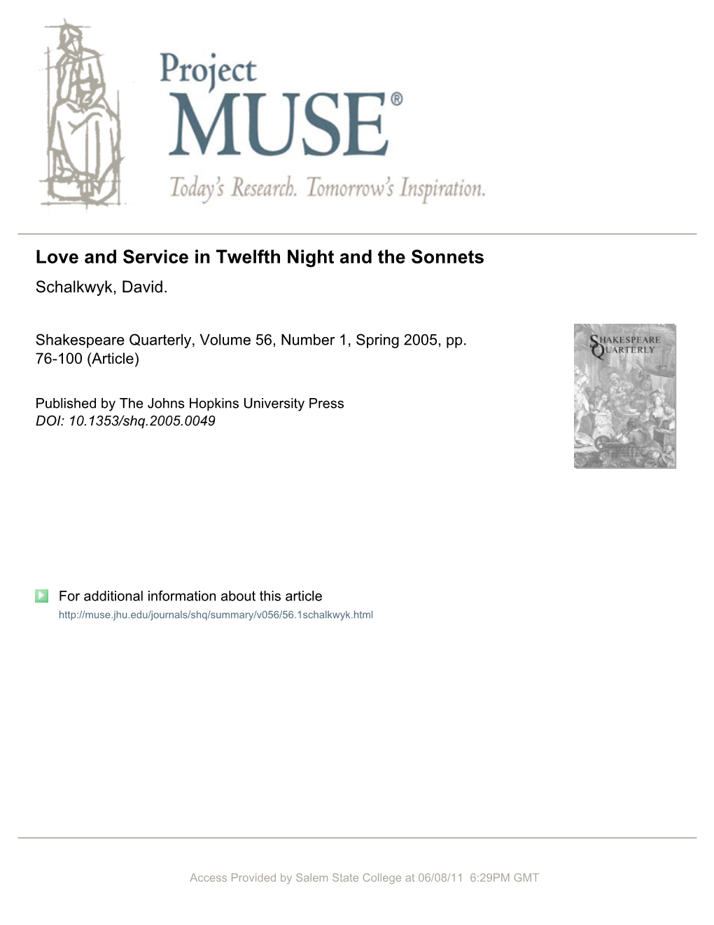 Love and Service in Twelfth Night and the Sonnets Schalkwyk, David