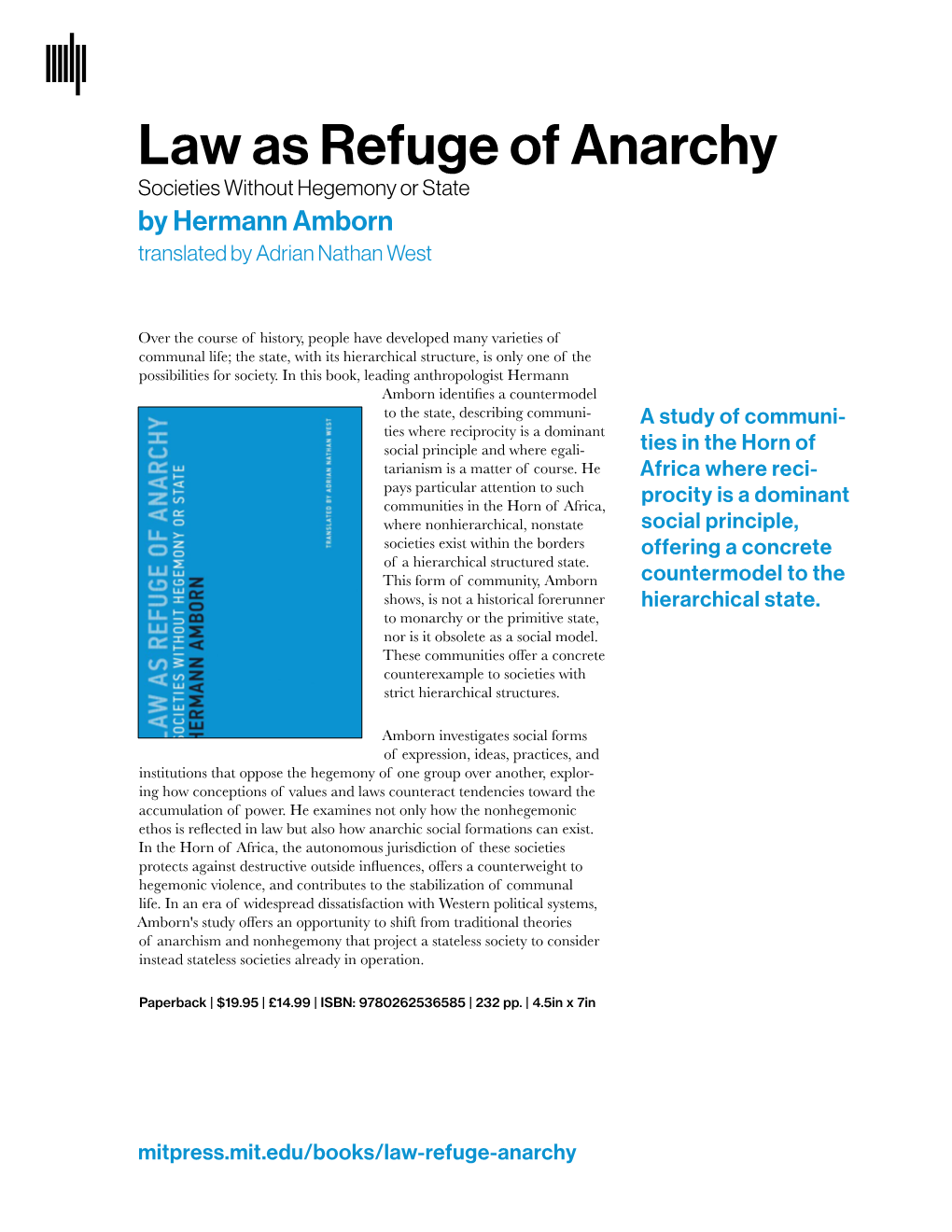 Law As Refuge of Anarchy Societies Without Hegemony Or State by Hermann Amborn Translated by Adrian Nathan West