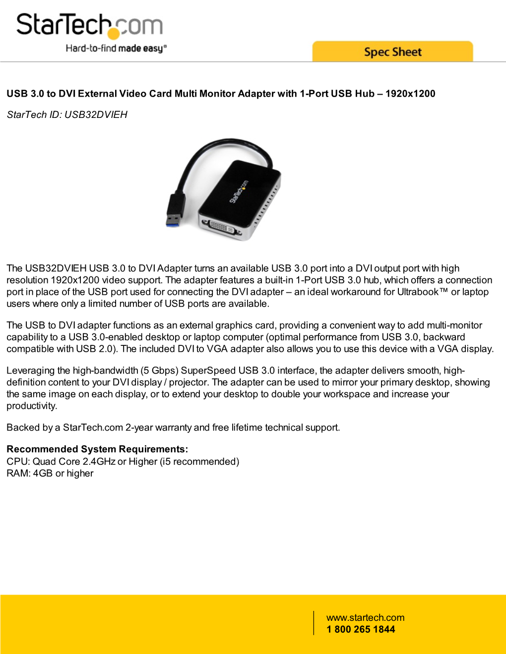 USB 3.0 to DVI External Video Card Multi Monitor Adapter with 1-Port USB Hub – 1920X1200