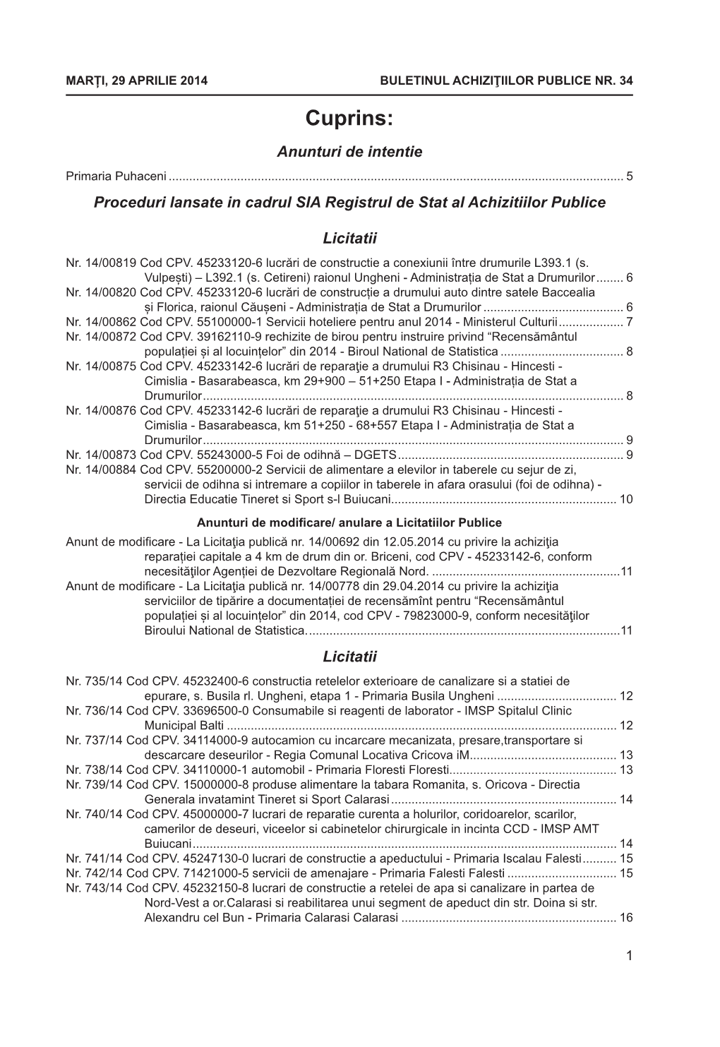 Cuprins: Anunturi De Intentie Primaria Puhaceni