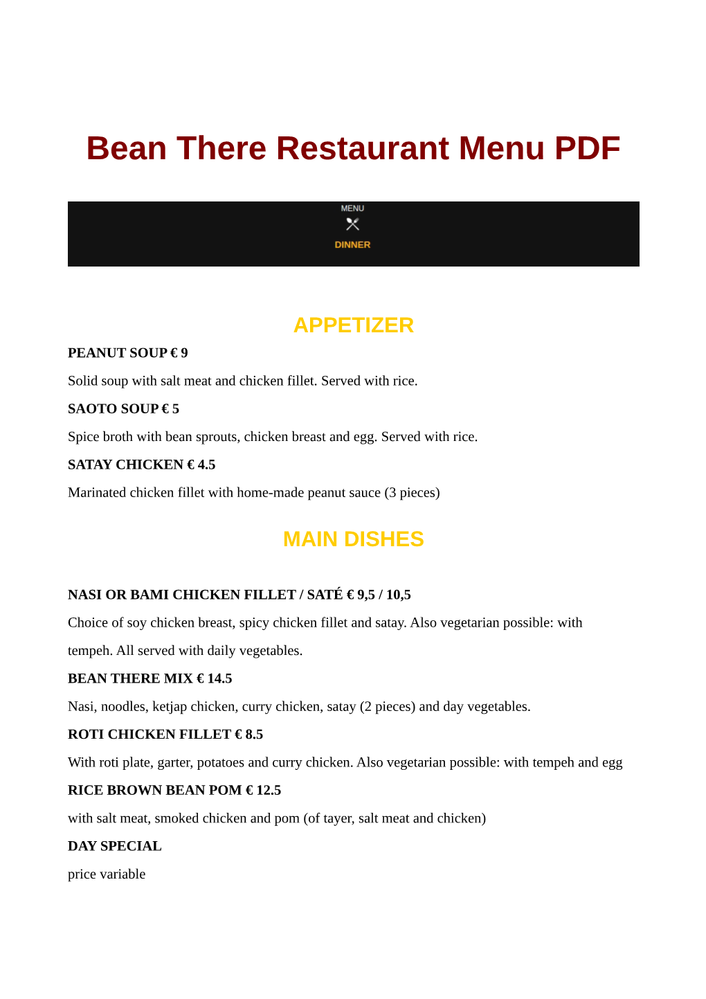 Bean There Restaurant Menu PDF