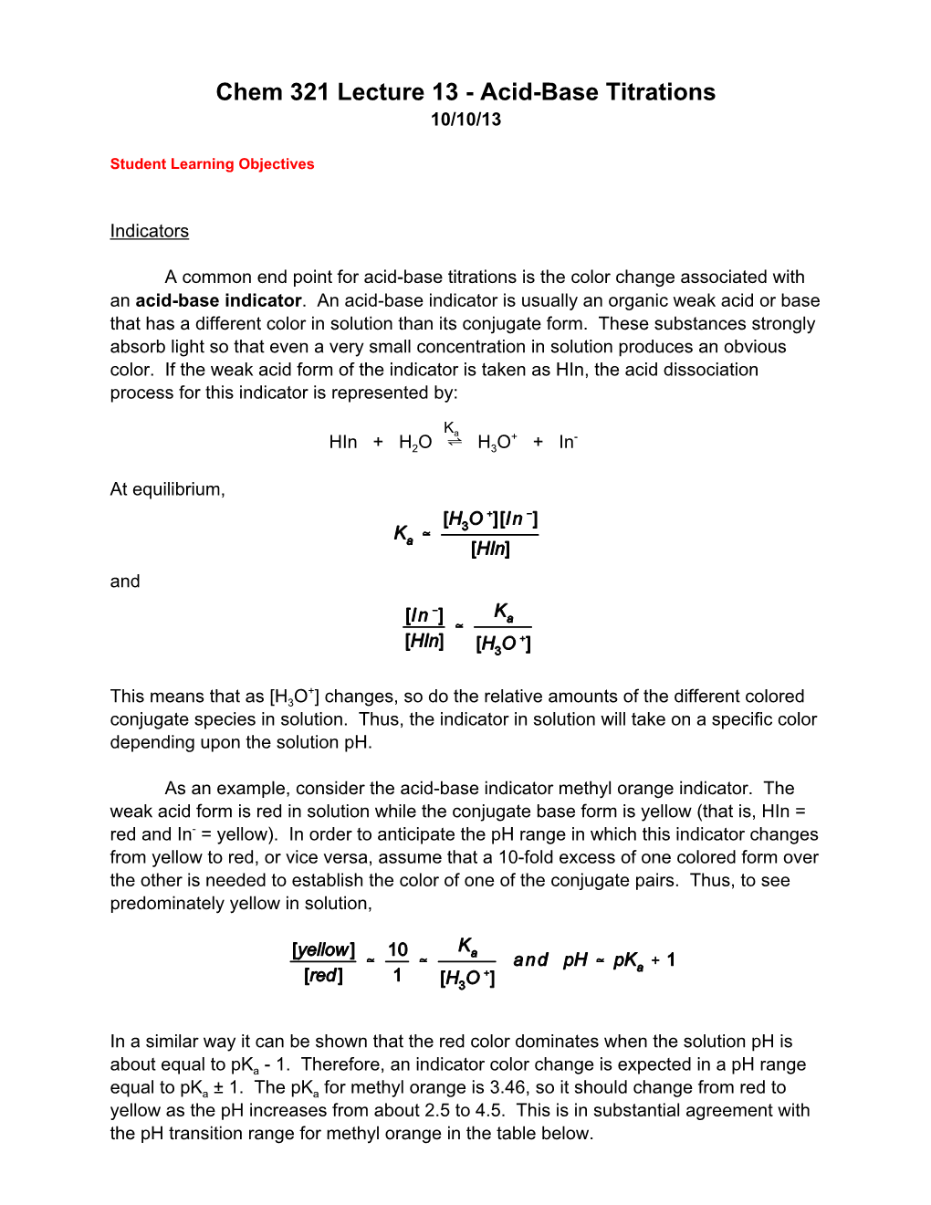 Chem 321 Lecture 13 - Acid-Base Titrations 10/10/13