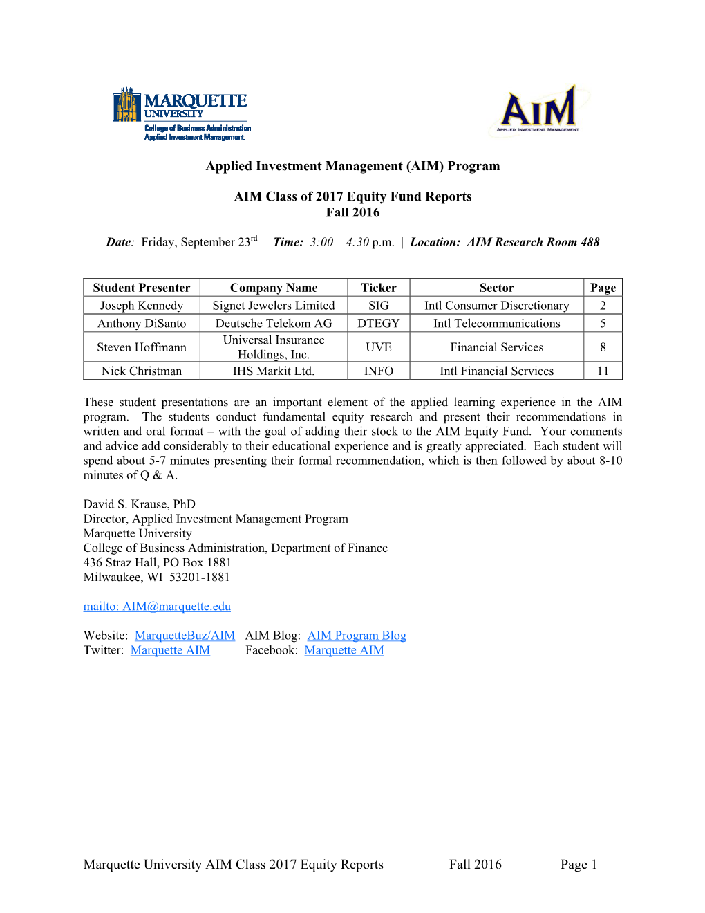 Marquette University AIM Class 2017 Equity Reports Fall 2016 Page 1 Applied Investment Management