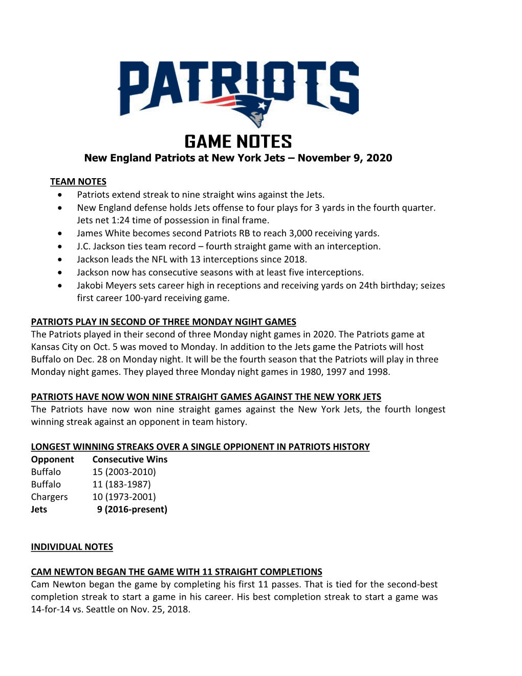 Patriots at Philadelphia Game Notes