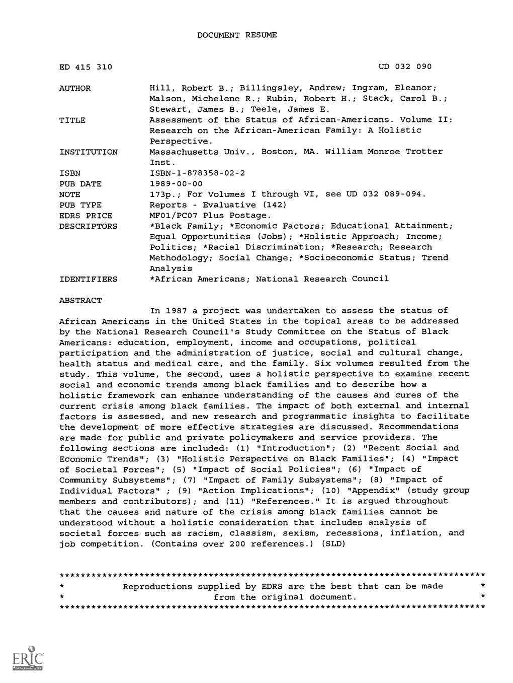 Assessment of the Status of African-Americans. Volume II: Research on the African-American Family: a Holistic Perspective