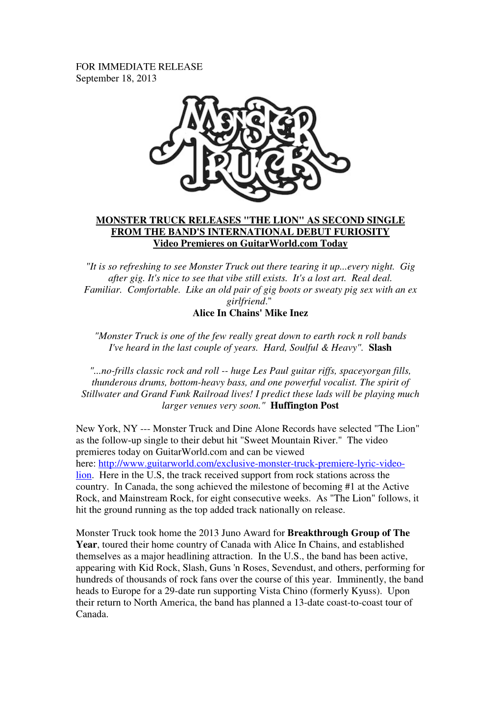 FOR IMMEDIATE RELEASE September 18, 2013 MONSTER